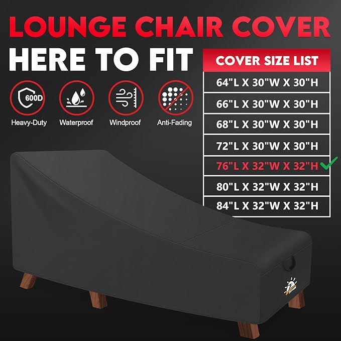 Outdoor Lounge Chair Cover - Waterproof Patio Chaise Lounge Chair Cover, 600D Heavy Duty Fade-Resistant Outdoor Seating Covers for Pool Lounge Chair, Lawn Bench Furniture 76 x 32 x 32 Inch