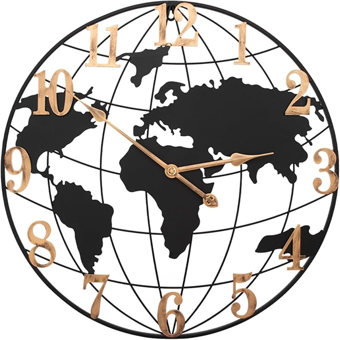 Large Outdoor Clock, 24 Inch Big Metal Wall Clock Silent Battery Operated, Retro World Map Decorative Clock for Farmhouse, Kitchen, Living Room, Pool Area, Patio (Black - Bronze Arabic)