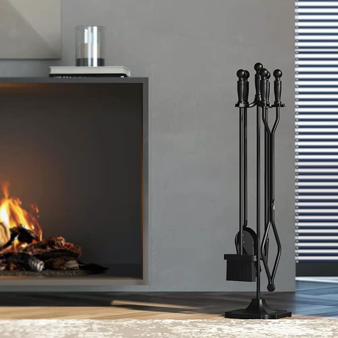 Fire Beauty Fireplace Tools Set 5 Pieces Wrought Iron Fireset Woodstove Log Tongs Holder Fire Kit Setwith Pedestal Place(32 Inches)