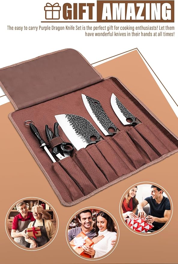 Purple Dragon Butcher Knife Set, 9 Pcs Chef Knife Set - Hand Forged Serbian Chef Knife Meat Cleaver Boning Viking Knives, Kitchen Knives Set with Roll Bag for Home Cooking, Outdoor Camping, BBQ