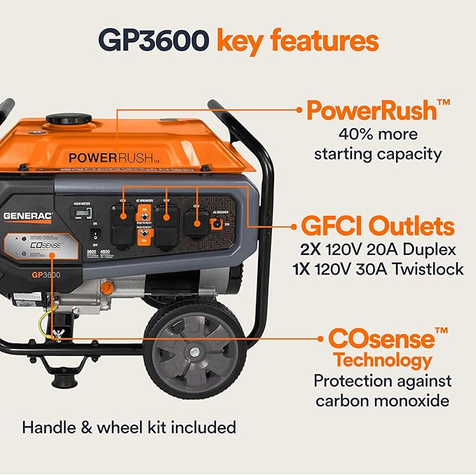Generac 4,500/3,600-Watt Portable Gas Generator - Electric Start - Home Backup or RV Ready - Heavy Duty Frame - Quiet, Long Runtime, Emergency Power- 49-State Compliant