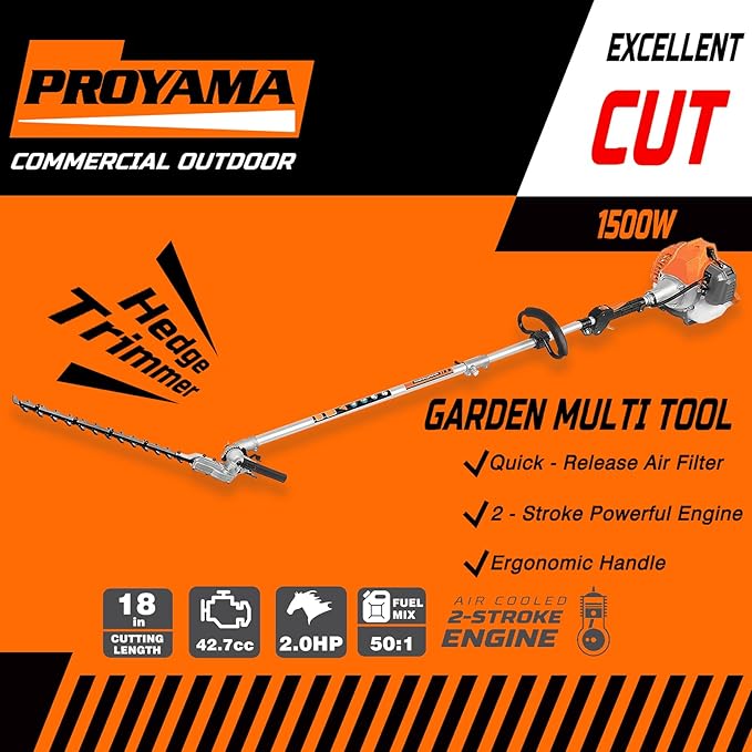 PROYAMA Powerful 42.7cc 5 in 1 Multi Functional Trimming Tools,Gas Hedge Trimmer,Weed Eater,String Trimmer, Brush Cutter,Pole Saw with Extension Pole