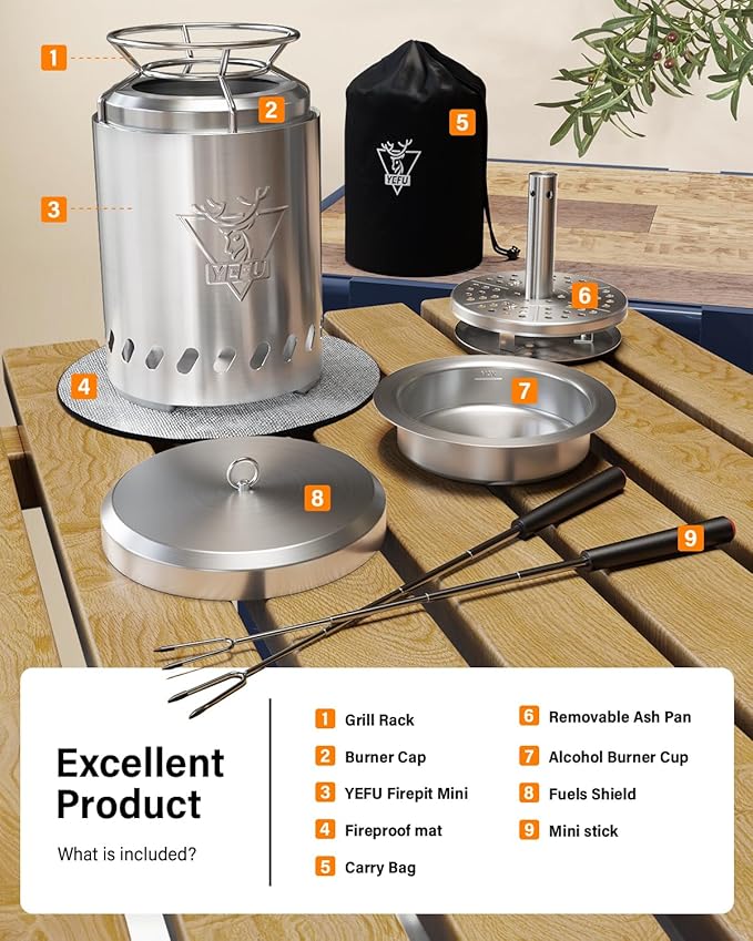YEFU Smokeless Tabletop Fire Pit, Indoor Outdoor Table Top Firepit Fueled by Wood Pellet, Portable Mini Stove with Bag & Rack & Fireproof Mat, 5.5 in