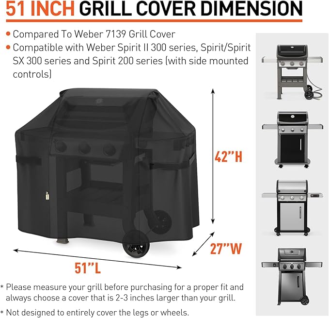 Arcedo Grill Cover 51 Inch Compatible with Weber Spirit II 300 and Spirit 300 Series Gas Grill, Waterproof Heavy Duty Outdoor Barbecue Cover for E310 E330 E315, Compared to 7139