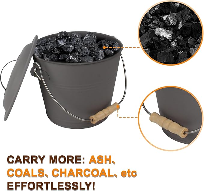 BRIAN & DANY Mini Ash Bucket with Lid and Shovel, 1.3 Gallon Fireplace Metal Bucket with Broom, Coal Bucket Ash Can for Fireplace, Ashes, Fire Pit, Wood Burning Stove, Grey