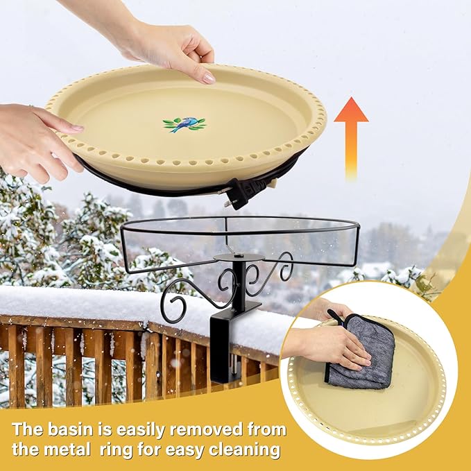 Lovppy Heated Bird Baths for Outdoors for Winter, 100W Heated Birdbath Water Heater with Thermostatically Controlled, Heated Bird Bath for Deck Railing Outside Garden Patio Yard (Khaki)