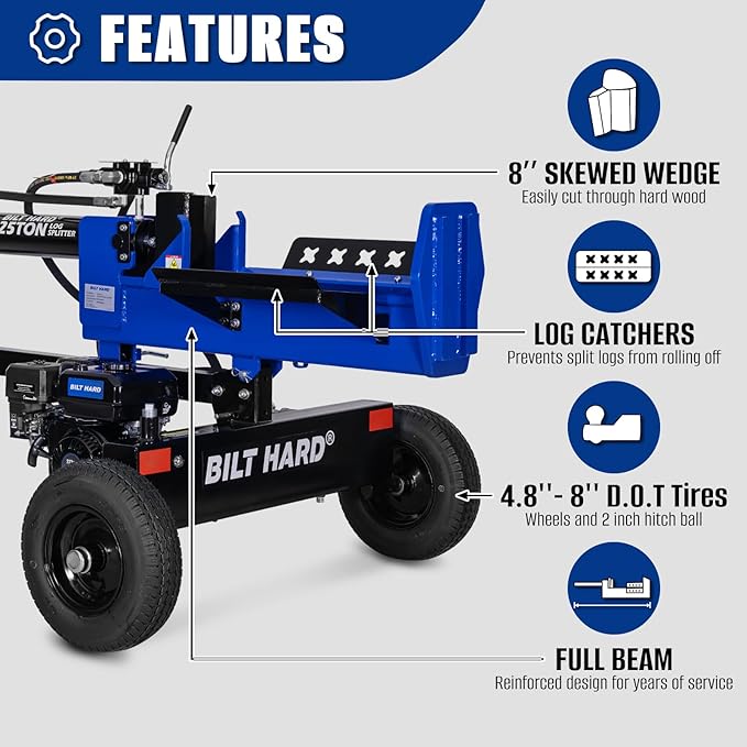 BILT HARD 25-Ton Horizontal/Vertical Gas Powered Log Splitter, Hydraulic Log Splitter with 8 HP 223cc 4-Cycle OHV Engine, 2" Ball Coupler, Safety Chains, Towable Wood Splitter for Firewood Splitting