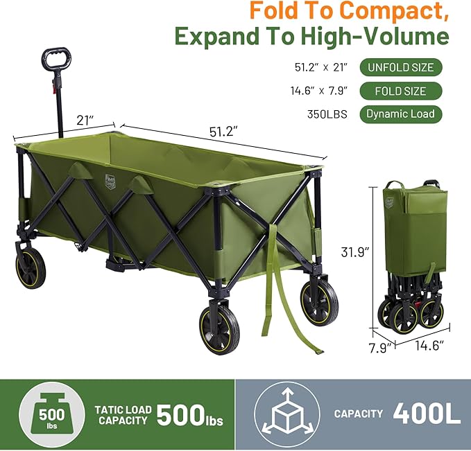 Timber Ridge 51.2'' Extended Collapsible Wagon Cart with Brakes and Cargo Net, Heavy Duty Foldable Utility Wagon with Adjustable Handle, 400L Capacity Portable Cart for Camping Sports Shopping
