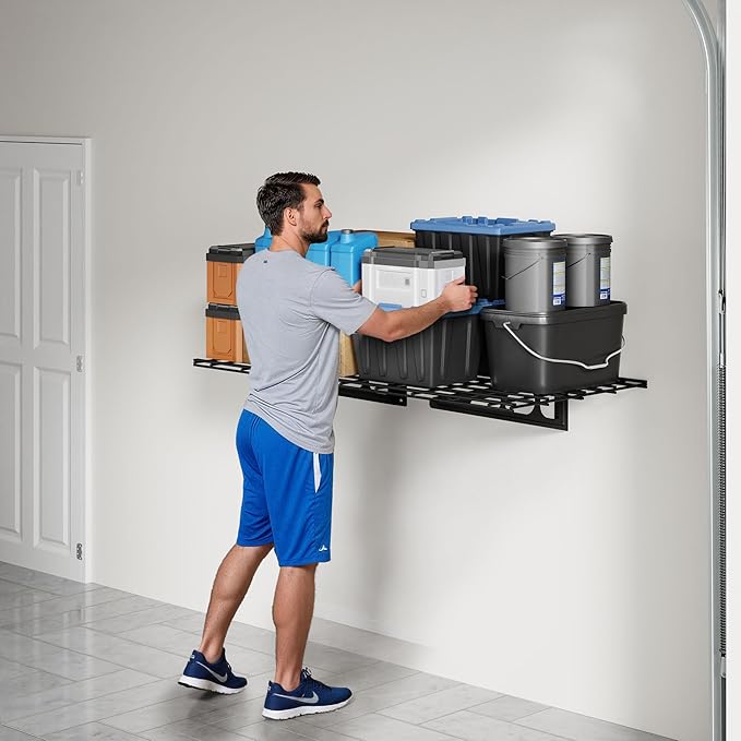 FLEXIMOUNTS 2x3ft Garage Shelving Wall-Mounted, 1-Pack Heavy-Duty Wall Shelving, Holds Up to 200 lbs, Garage Storage Rack for Organization & Storage Bins, Black