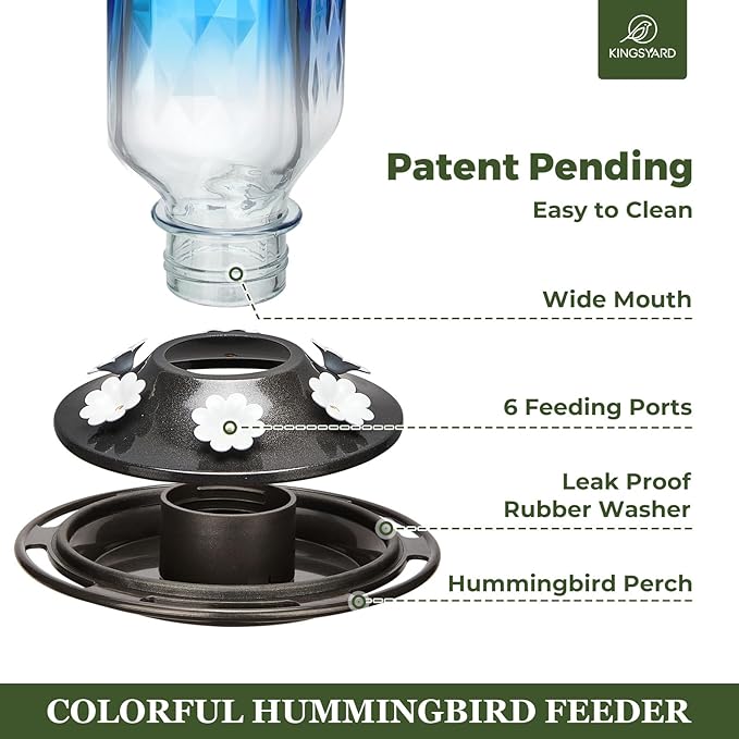 Kingsyard 2 Pack Glass Hummingbird Feeder for Outdoor Hanging, 24 Ounces, 6 Feeding Ports, Bird Nectar Feeder for Garden Décor, Ant Moat Included, Blue