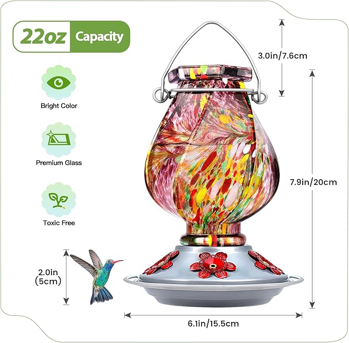 BOLITE Hummingbird Feeder, Hand Blown Glass Hummingbird Feeders for Outdoors Hanging, with Ant Moat and 5 Feeding Ports, 22 Ounces, Purple, Birthday Gifts for Women Men, Gifts for Mom Dad