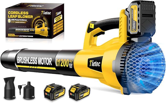 Tietoc Leaf Blower Cordless, 735CFM/200MPH Brushless Electric Leaf Blower with 2 X 5.0Ah Battery, 6 Speed Levels, 2 Extended Tube and 3 Nozzles, Powerful Leaf blowers for Garden, Lawn Care (Yellow)