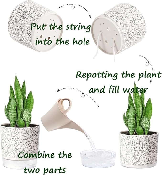 Self Watering Pots for Indoor Plants, 6 & 5 & 4 Inch Stylish Flower Pots, Set of 3 Modern Planters with Self-Watering Feature (Crack Texture)