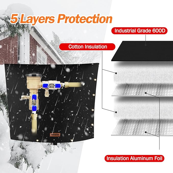 TOHONFOO 2-Way Opening Backflow Preventer Pipe Insulation Cover (5°F) - Irrigation Sprinkler Valve Cover - Water Well Pump Cover - Sturdy 5 Layers for Winter Freeze Protection (30" W x 24" H, Black)