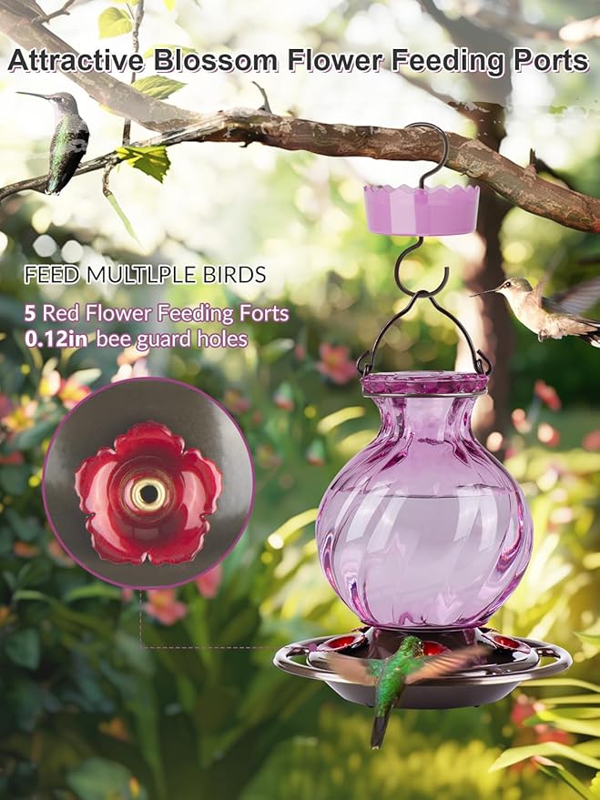 Auslar 26 Ounces Hummingbird Feeder, Purple Hummingbird Feeders for Outdoors Hanging, Ant Moat and 5 Flower Feeding Ports, Fade Proof, Rustproof, Leakproof, Netted Flower Bud Shape Bottle