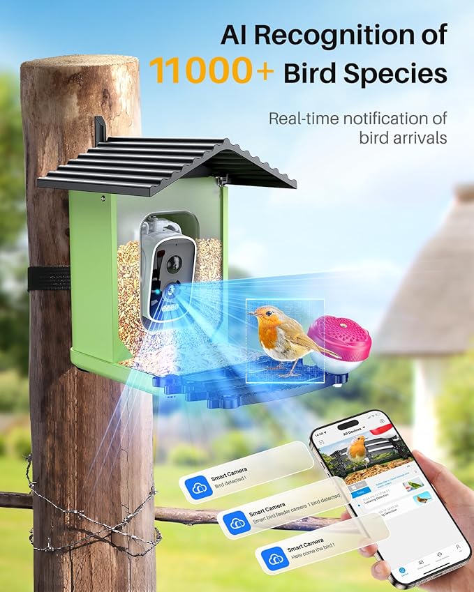 Bird Feeder with Camera, 2K HD AI Identify Smart Bird House Camera with Solar Powered, Live View, Instant Arrival Alerts, Auto Capture Video for Outside, Supports 2.4GHz Wi-Fi Only, Green
