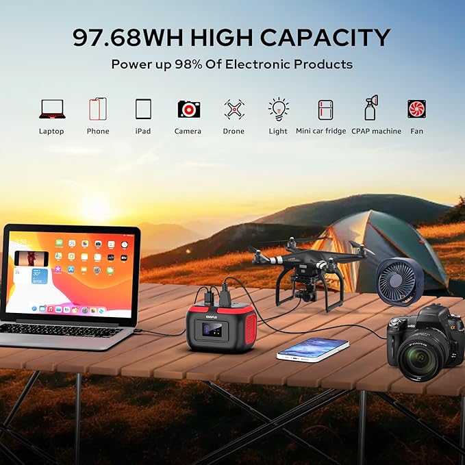 Portable Power Station, 97Wh Solar Generator, Lithium Battery Power with 110V AC 150W Peak Socket/DC/USB QC3.0/LED Light for Outdoor Camping Trip Home Backup Emergency