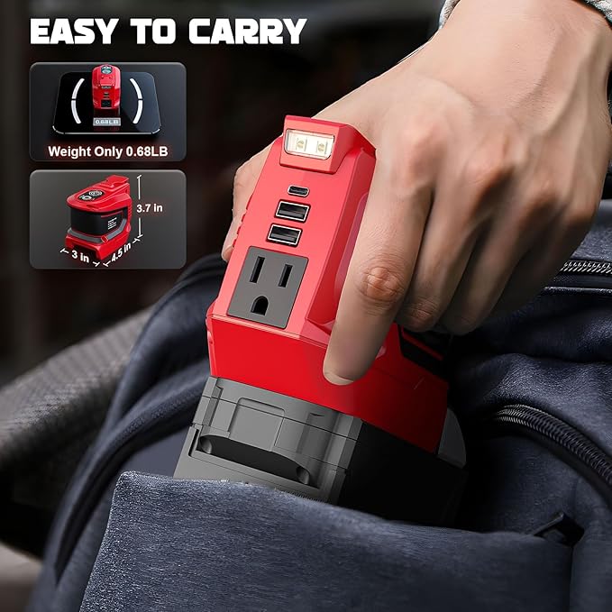 200W Power Inverter Compatible with Milwaukee, DC 18V to AC 110-120V Battery Inverter, Portable Power Station Generator, Charger Adapter Battery Powered Outlet w/ 2 USB Ports & 1 Type-C & 1 AC Outlet