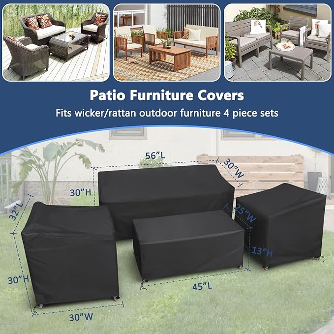 STARTWO Patio Furniture Covers 4 Piece Set, Heavy Duty Waterproof Outdoor Furniture Cover for Rattan Wicker Conversation Set, Black