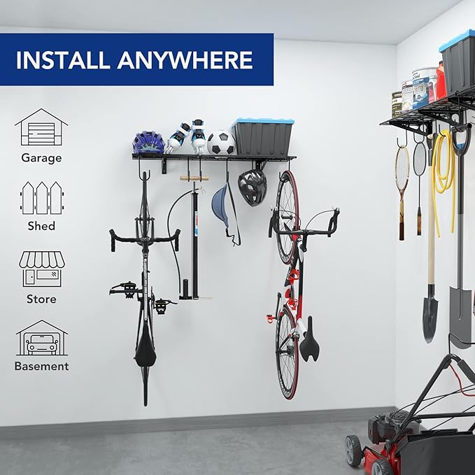FLEXIMOUNTS Garage Wall Shelving, 1x4 ft, Includes 6 Bike Hooks, Wall Shelf Garage Organization System w/Bike Hangers, Storage Rack, Floating Shelves, 150 lbs Weight Capacity (1 Pack)