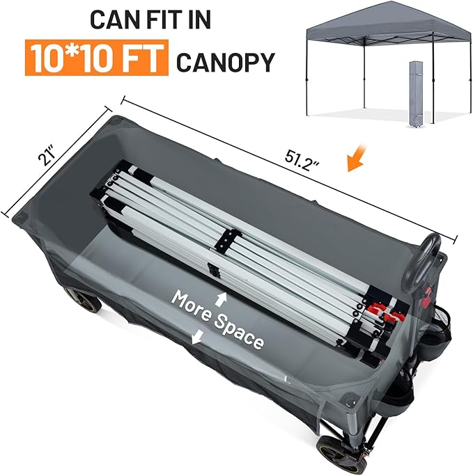 Timber Ridge 51.2'' Extended Collapsible Wagon Cart, 500LBS Heavy Duty Foldable Utility Wagon with Adjustable Handle, 400L Capacity Portable Cart with Cargo Net for Camping Sports Shopping-Grey