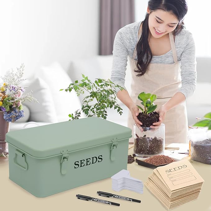 Seed Storage Organizer, 4 Compartment Seed Storage Box with Safety Lock, Metal Seed Box Container with 2 Pens, 20 Plant Labels and 50 Seed Envelopes for Seed Packet & Small Garden Tool, Green