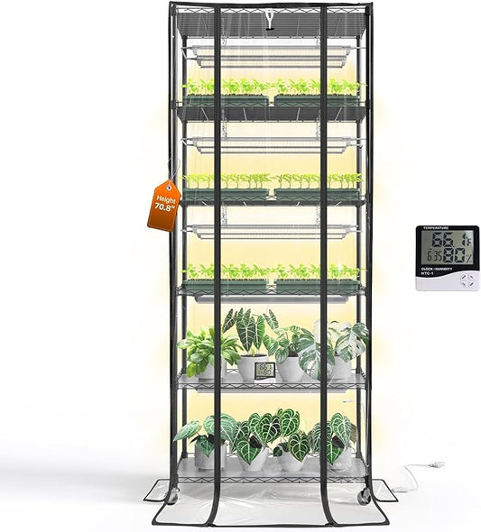 71" Indoor Greenhouse with Grow Light, 6-Tier DIY Plant Shelf with Adjustable Rack and Wheels, 8-Pack 192W Full Spectrum LED Plant Light for Indoor Plants, Seed Starting, (29.5" L x 13.8" W)