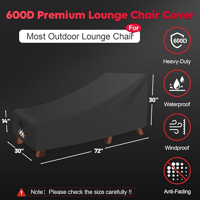 Outdoor Lounge Chair Cover - Waterproof Patio Chaise Lounge Chair Cover, 600D Heavy Duty Fade-Resistant Outdoor Seating Covers for Pool Lounge Chair, Lawn Bench Furniture 72 x 30 x 30 Inch