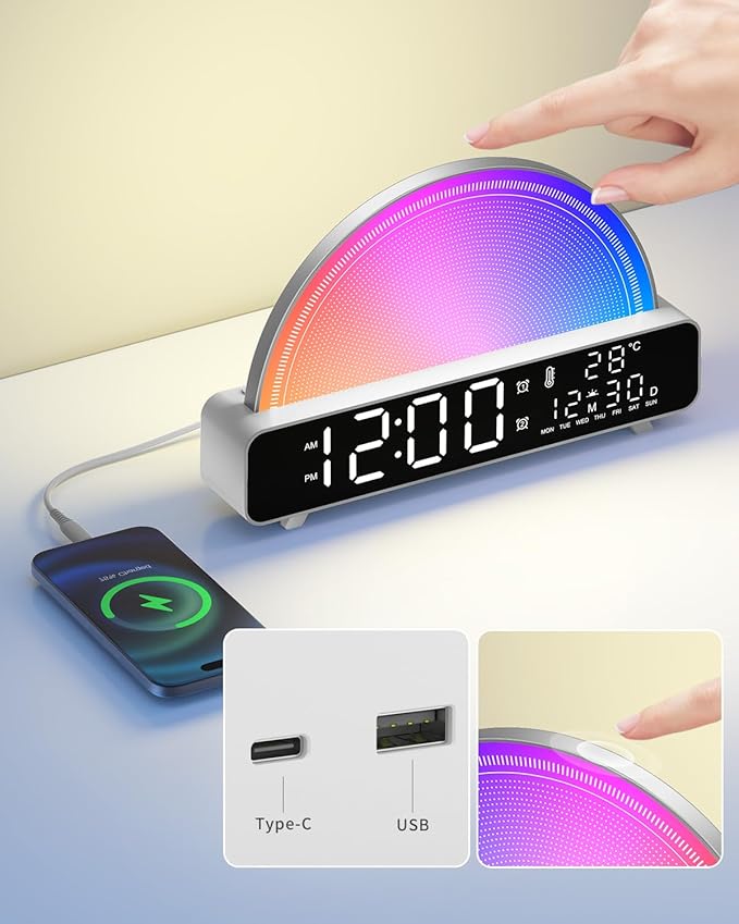 Sunrise Alarm Clock Wake Up Light with Sunrise Simulation White Noise Machine Touch Control Bedside Lamps Colors Atmosphere Lamp 30/60/90 Sleep Timer 13 Nature Sounds