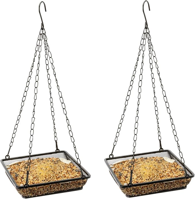 WOSIBO 2 Pack Hanging Bird Feeder Tray, Platform Metal Mesh Seed Tray for Bird Feeders, Outdoor Garden Decoration for Wild Backyard Attracting Birds