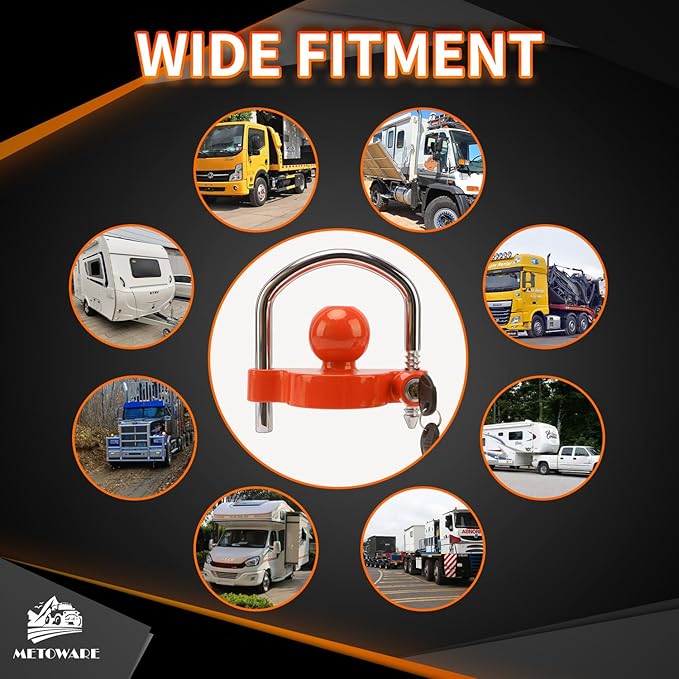 METOWARE Trailer Coupler Lock Universal Adjustable Heavy-Duty Steel Trailer Hitch Lock, Anti Theft Trailer Ball Lock Towing Lock for Towing Trailer Security Fits 1-7/8",2”, 2-5/16" Coupler Orange