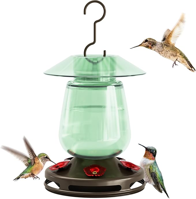 Auslar 16 Ounces Glass Hummingbird Feeders for Outdoors Hanging, Green Hummingbird Feeder with 5 Flower Feeding Ports & Built-in Ant Moat, Rustproof, Leakproof, Barn Lantern Shape