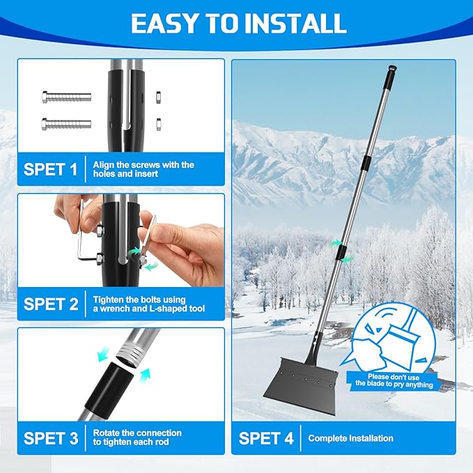 Snow Shovel, EOMEOH Ice Scraper Heavy Duty, 11"Wider Garden Flat Floor Scraper with 53" Long Adjustable Handle, Multifunctional Gardening Spade Shovel, Cleaning Scraper for Driveway, Weed, Lawn Edging