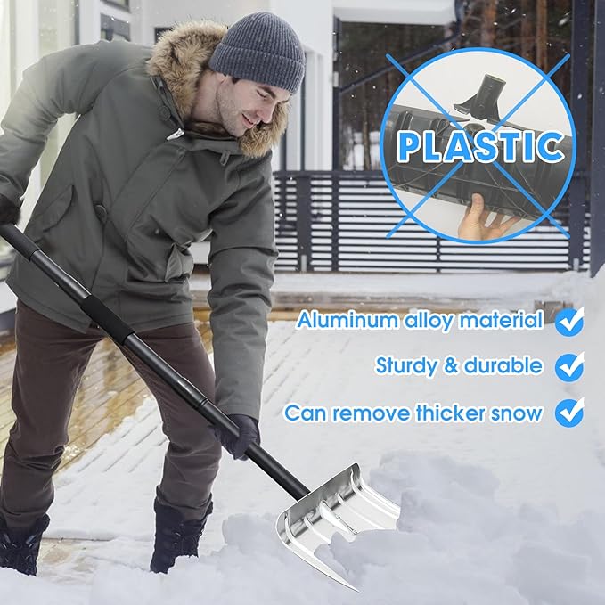 Snow Shovel for Driveway, 53/66 inches Aluminum Snow Removal Shovel Heavy Duty Metal Snow Shovels for Car Trunk Home Garage Garden