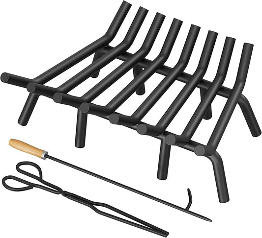 Fireplace Grate 24 Inch with 8 Support Legs, Round Solid Steel Heavy Duty Fireplace Log Holder with Fire Tongs & Poker, Fireplace Log Grate for Indoor Fireplace and Outdoor In-ground Firepit