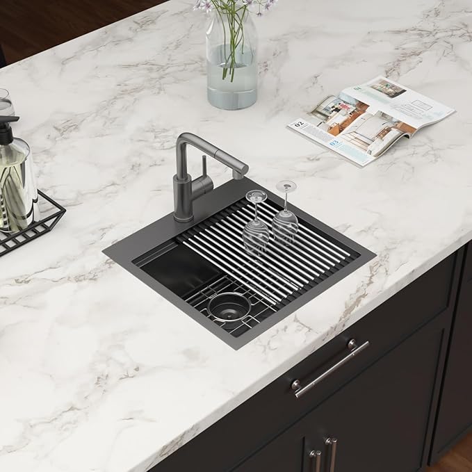 18 Inch Black Drop In Bar Sink Outdoor Kitchen Sink Workstation 16 Gauge Stainless Steel Single Bowl Small Sinks With Pull-out Faucet 18"x18"x9"