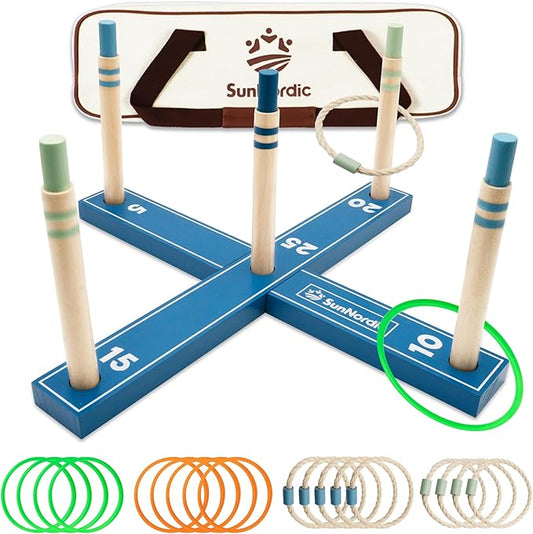 Wooden Ring Toss Game Set, Backyard Beach Camping Game with Toss Rings & Portable Carrying Bag, Outdoor Lawn & Yard Games for Kids, Adults & Family