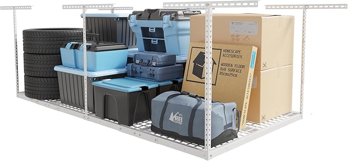 FLEXIMOUNTS 4x8 Overhead Garage Storage Rack, Adjustable Organization System, Heavy-Duty Metal Ceiling Racks, 750lbs Weight Capacity, White