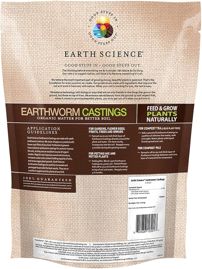 Earth Science Earthworm Castings – 3 lb—Premium Plant Fertilizer for Indoor & Outdoor Plants – Soil Enhancer for Vegetable Gardens