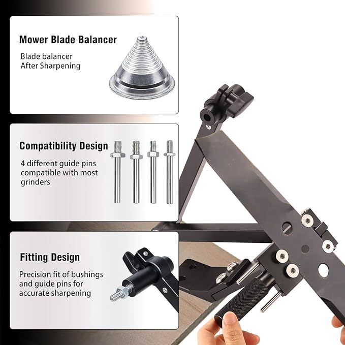 TIWAN Lawn Mower Blade Sharpener - Updated Ball Bearing Manufacturing Handle, Suitable for Right and Left Hand Blades, Mower Blade Sharpener Tool Kit with Lawn Mower Blade Balancer,5005, Black