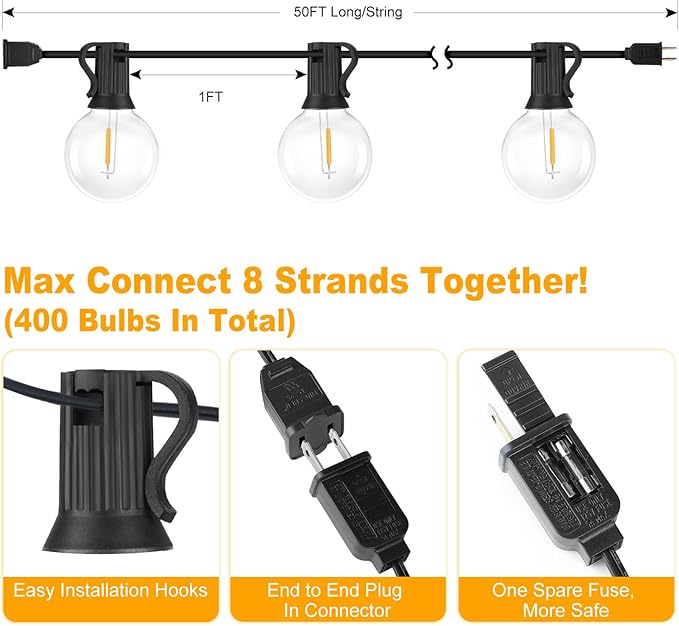 Outdoor G40 LED Globe String Lights 50Feet Dimmable Waterproof Shatterproof Patio Lights with 52 Bulbs Connectable Commercial Hanging Light for Christmas Patio House Backyard Balcony Party(Black)