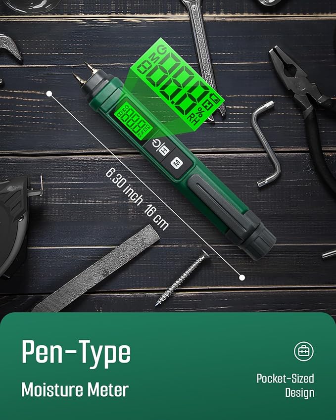 Wood Moisture Meter, TESMEN TWM-186 Portable Pen Moisture Meter, Pin-Type Humidity Tester with 2 Modes, 7 Calibration Scales for Wood, Firewood, Lumber, Bricks, Floors, Walls - Green