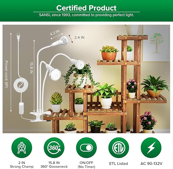 SANSI LED Grow Lights for Indoor Plants, 450W Full Spectrum Clip-on Gooseneck Grow Light with Ceramic Tech.,30W Power Plant Light with Optical Lens for High PPFD, Lifetime Free Bulbs Replacement White