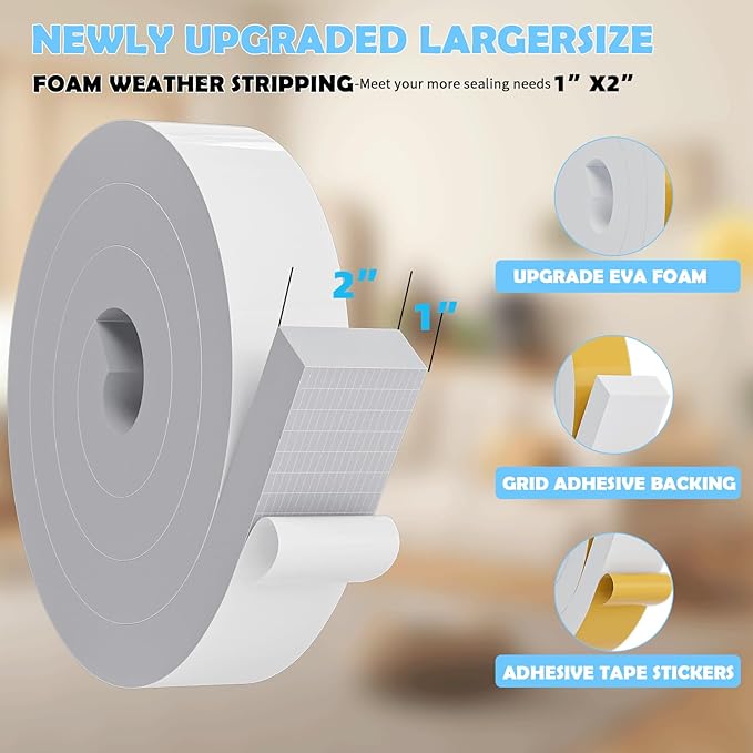 1"×2" EVA Foam Strips with Adhesive Weather Stripping Tape Larger Foam Weather Stripping Strip for Large Gap Insulation (1"×2",13FT,Grey)