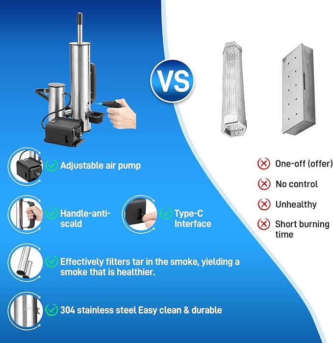Outdoor Smoke Generator, Stainless Steel Electric Smoker, Smoke Tube for Pellet Smoker, Hot/Cold Smokers with Adjustable Smokes Volume Air Pump, Perfect for Cold Smoking Cheese, Birthday Gifts for Men