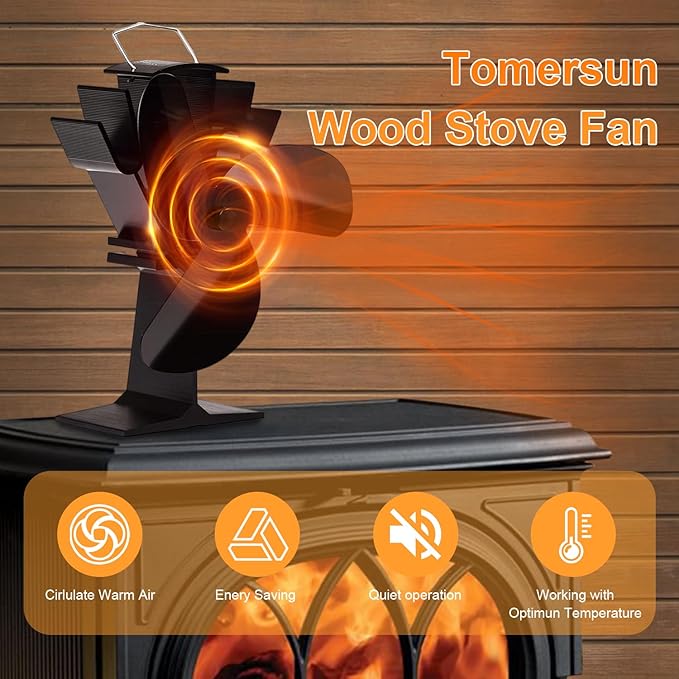 Tomersun 3 Blades Heat Powered Stove Fan for Wood/Log Burner/Fireplace