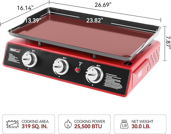 Royal Gourmet PD1301R 3 Burner Tabletop Propane Gas Griddle with Cover, 24 Inch Portable Griddle with 25,500 BTUs Output for Outdoor Cooking While Camping or Tailgating, Red