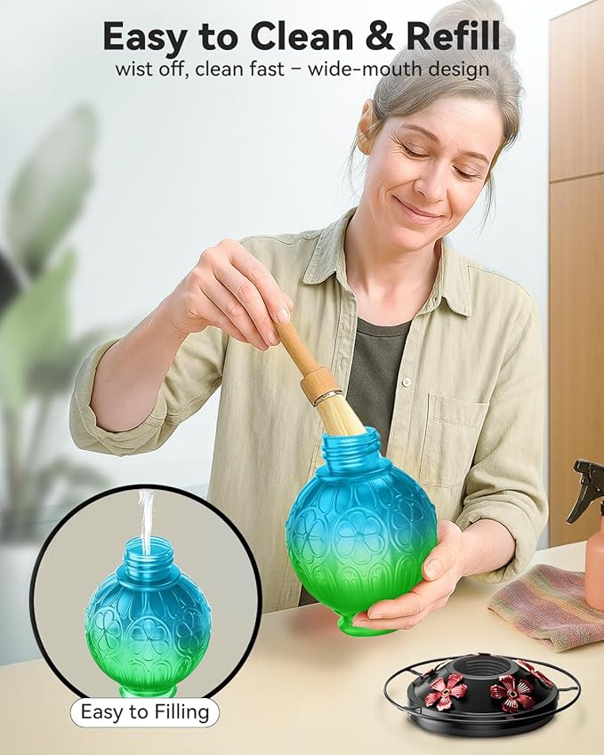 26Oz Hummingbird Feeder for Outdoors, Vintage Glass Bird Feeder with Perch, Durable & Easy to Clean, Hanging Nectar Feeder for Garden, Yard, Deck – Gift for Bird Lovers (Green)
