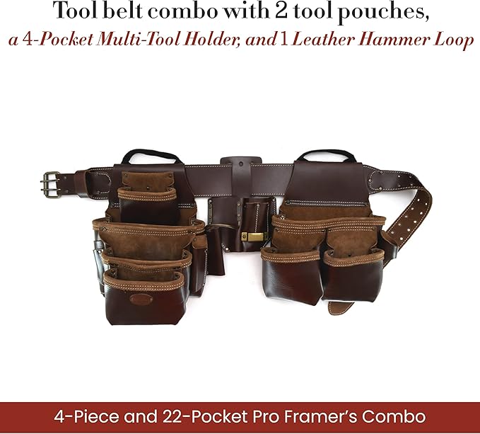 Style n Craft 4-Piece and 22-Pocket Pro Framer’s Combo, Tool Belt with 2 Tool Pouches, a 4-Pocket Multi-Tool Holder, and 1 Leather Hammer Loop, Full-Grain Leather Carpenter Tool Belt, Dark Tan (98454)