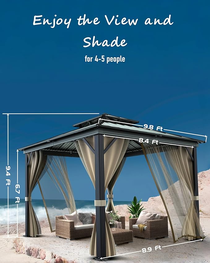 10x10 Ft Hardtop Gazebos with Heavy Duty Double Roof, Nettings and Curtains Galvanized Steel Outdoor Gazebos for Patio, Backyard, Deck, Lawn (Brown)